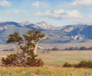 Oil painting of a windswept tree in the foreground with distant mountains and a blue sky beyond the valley.