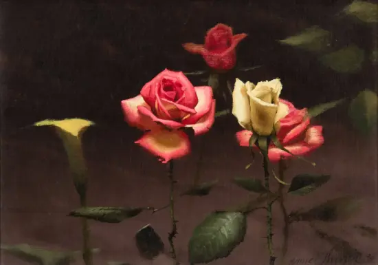 Oil painting of pink and cream roses on a dark background with green stems.