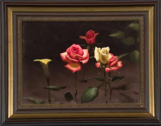 Oil painting of pink, white, and red roses on a dark background within an ornate gold frame.