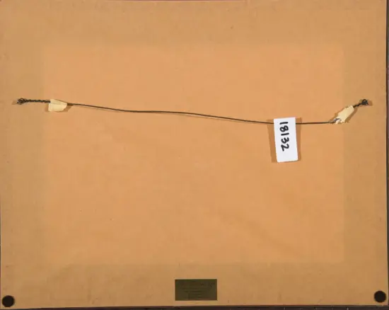 Back of a framed artwork with a thin hanging wire stretched across the back, secured with tape at both ends, and a white tag labeled '18132' hanging in the middle.