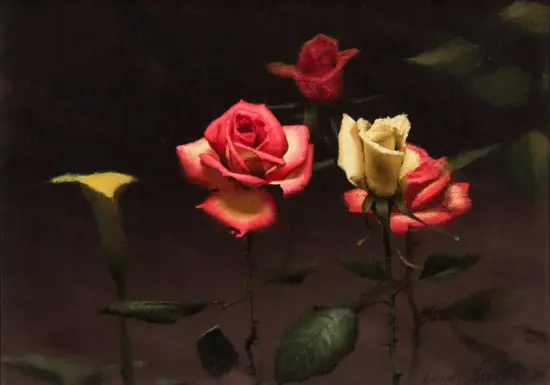 Oil painting of pink and cream roses against a dark, moody background.