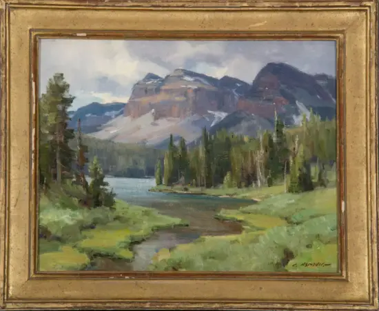 A tranquil mountain landscape with a lake, conifer trees, and green meadow in the foreground under a cloudy sky, painted in impressionistic strokes