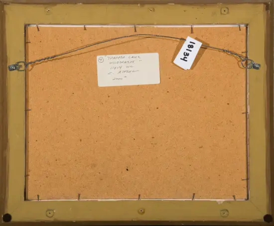 Back of a framed canvas with a yellow-brown wooden frame, a metal hanging wire, and two metal screw eyes on opposite sides; central white handwritten label and a separate white tag with the number 181?1 (or 1881) printed.