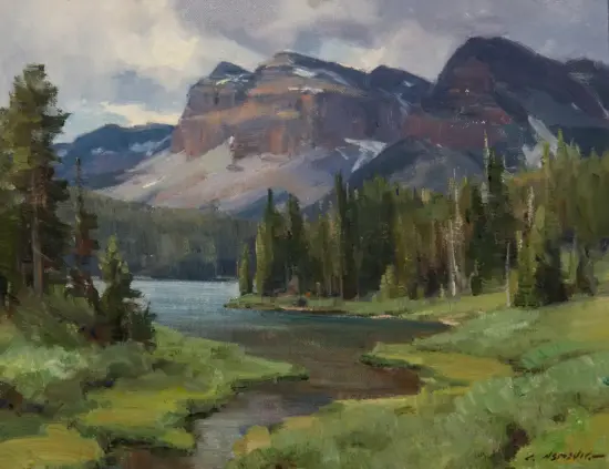 Oil painting of a mountain lake with evergreen trees along the shore and grassy foreground