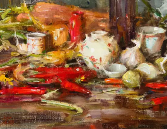 Impressionistic still life painting of a table with colorful fruits and vegetables, bowls, and a red cloth centerpiece.