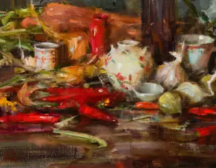 Impressionist still-life painting of a table with fruit, a white teapot, dishes, and a red cloth or table covering in warm colors.