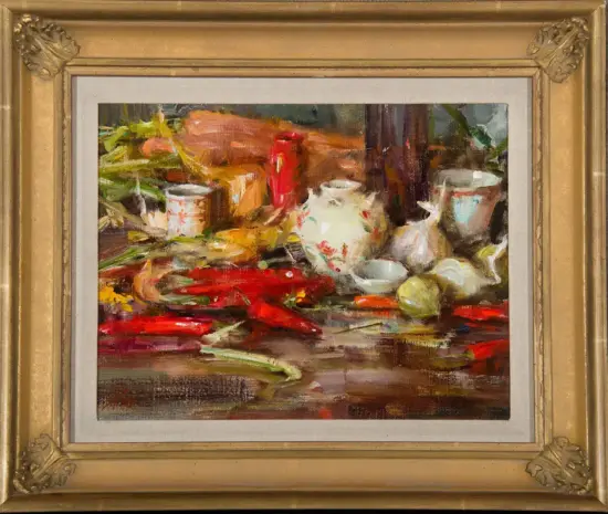 Impressionistic still-life painting of red peppers, onions, and jars on a wooden table with a floral teapot centerpiece.