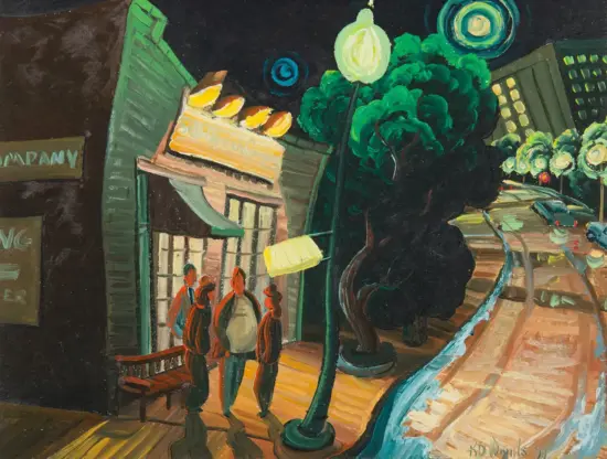 Impressionist painting of a city street at night with pedestrians outside a shop and glowing street lamps outside the bakery storefronts.