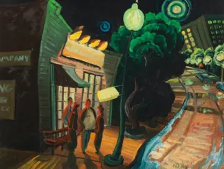 Nighttime city street with a storefront, warm yellow lights, and three people standing near the entrance under green street lamps.