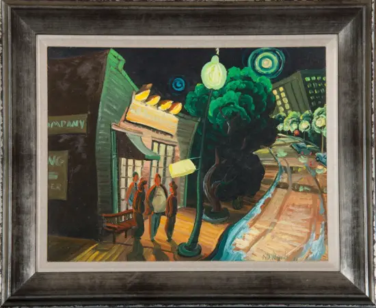 Night city street scene with pedestrians outside a storefront and bright yellow signage, a curved sidewalk, and lush green trees under a streetlamp on a dark evening.