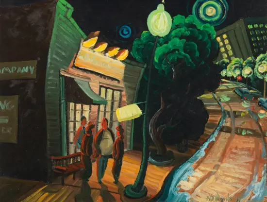Nighttime city street with a storefront, warm yellow lights, and three people standing near the entrance under green street lamps.