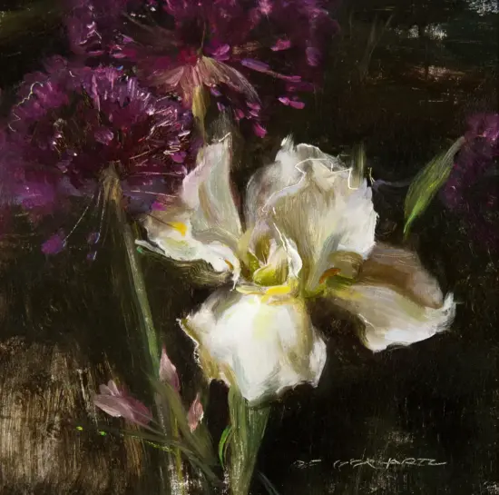 Oil painting of white irises with purple blooms on a dark background, painterly brushstrokes visible.