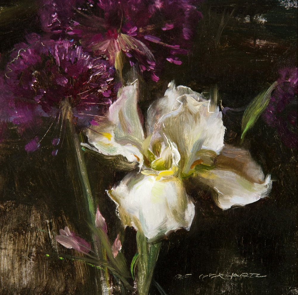 Oil painting of white irises and purple blossoms against a dark, textured background.