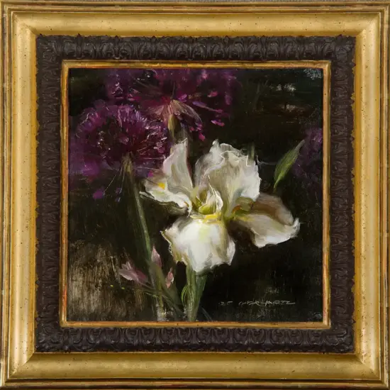 Oil painting of white irises and purple flowers against a dark background, in a gold ornate frame.