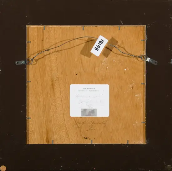Back of a wooden-framed artwork with a metal hanging wire and brackets, plus a white studio label from Daniel F. Gerhartz and an inventory tag.