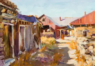 Colorful impressionist village street with weathered wooden huts and red-tiled roofs beneath a bright blue sky.