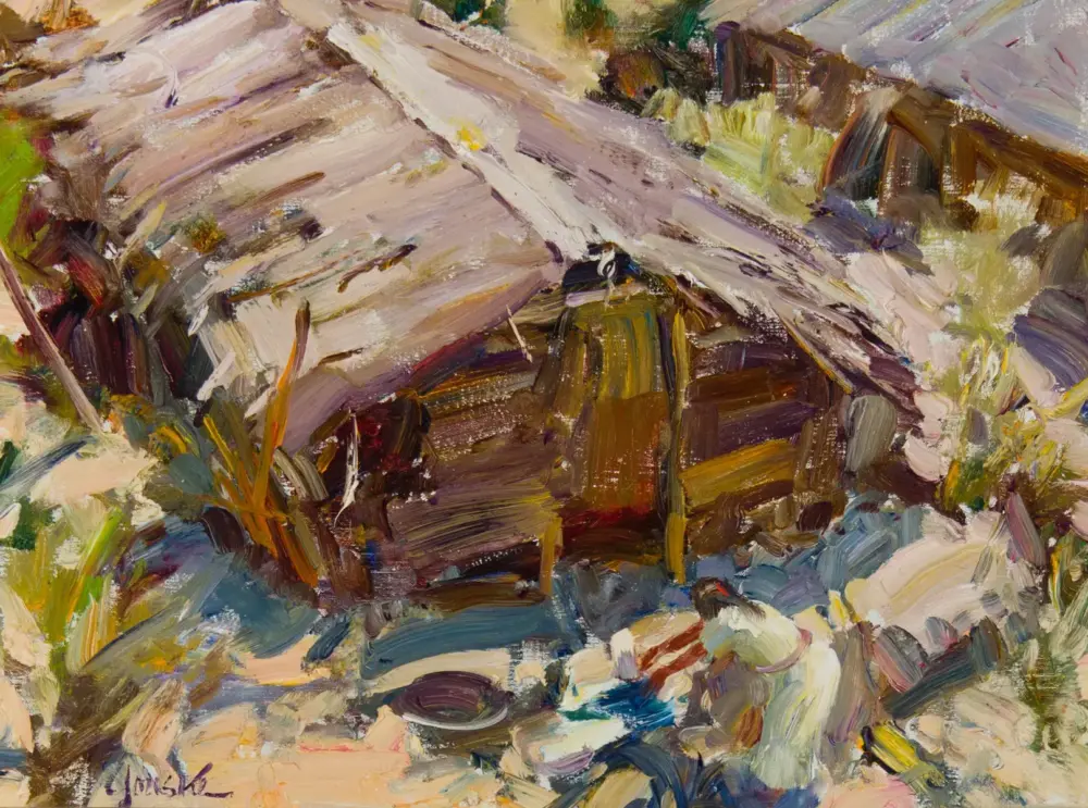 Bold abstract painting with thick pink, brown, and green brushstrokes suggesting a rugged landscape.