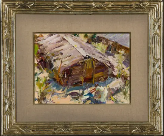 Impressionist oil painting of a snow-covered rural scene with a weathered shed and huts, thick colorful brushstrokes, signed bottom left.