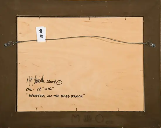 Back of a framed painting showing a metal hanging wire, beige backing, handwritten title 'Winter on the Ross Ranch' with artist signature and size 12 x 16 inches.