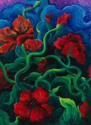 Abstract painting of bright red flowers with twisting neon-green stems against a blue-purple background.