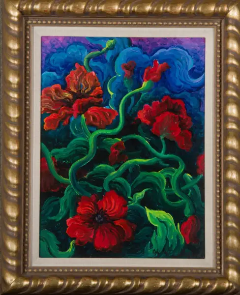 Framed painting of red flowers with twisting green stems against a blue, purple background.