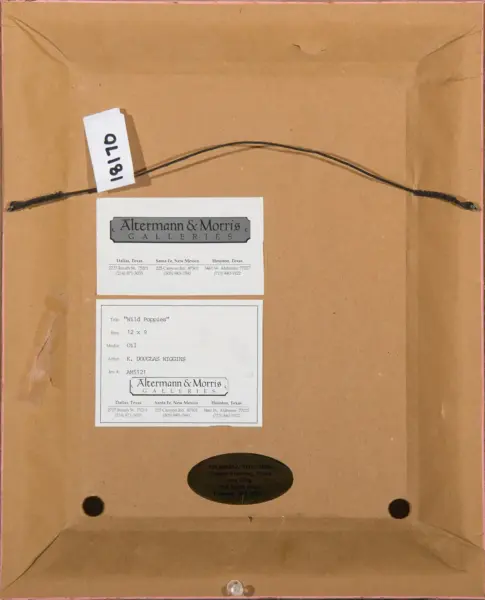 Back of framed artwork with two white gallery labels from Altermann & Morris Galleries and a hanging tag marked '1870' on a string.