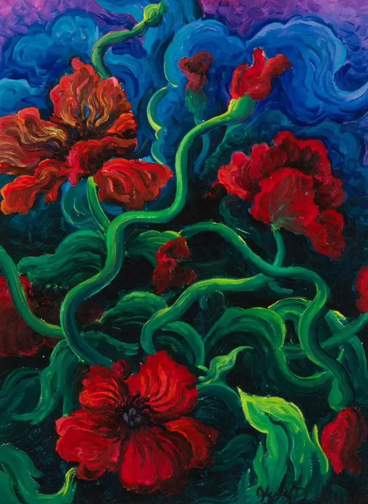 Abstract painting of bright red flowers with twisting neon-green stems against a blue-purple background.