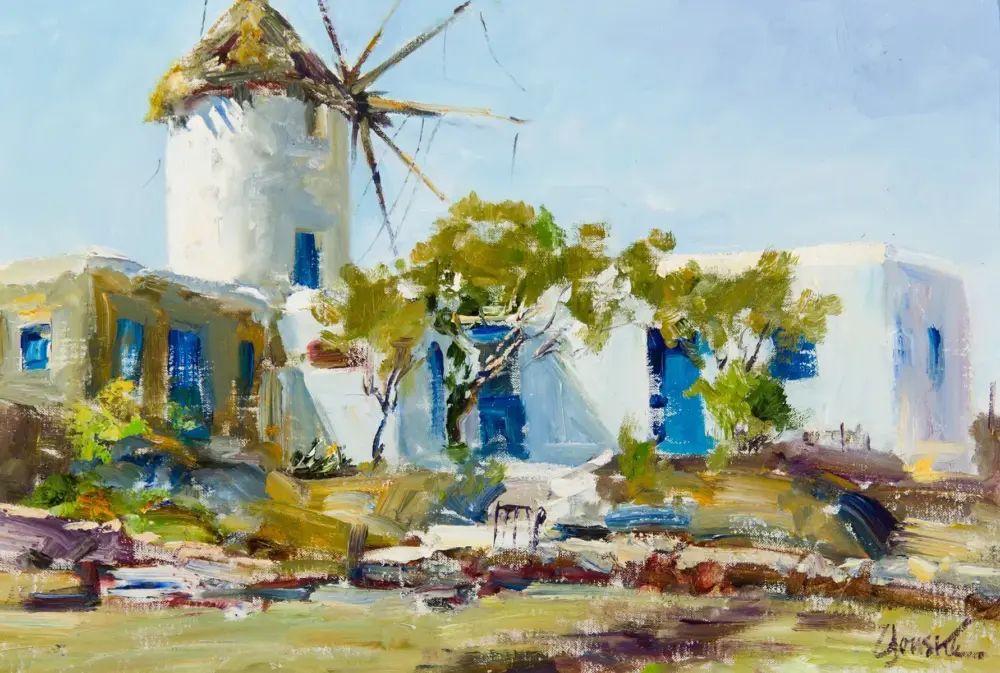 Impressionist painting of a Greek island village: white buildings with blue doors and shutters, a windmill, and olive trees under a blue sky.