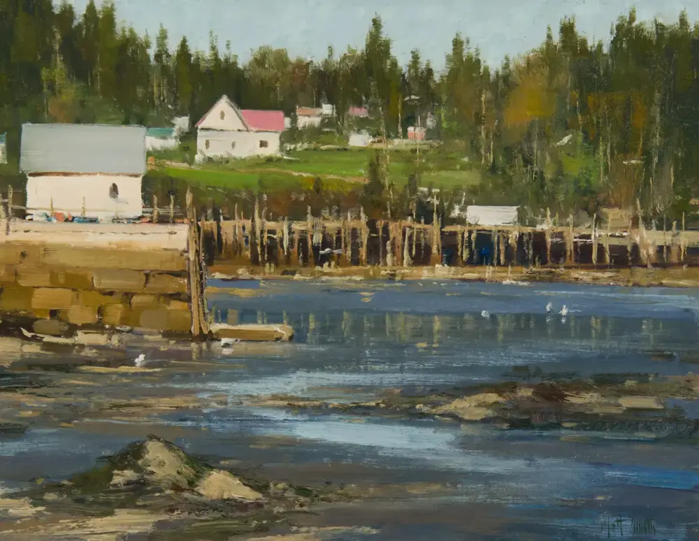 Impressionist coastal scene: weathered wooden pier extends into calm blue water, with white buildings and red/gray roofs along the shore and forested hills in the background.