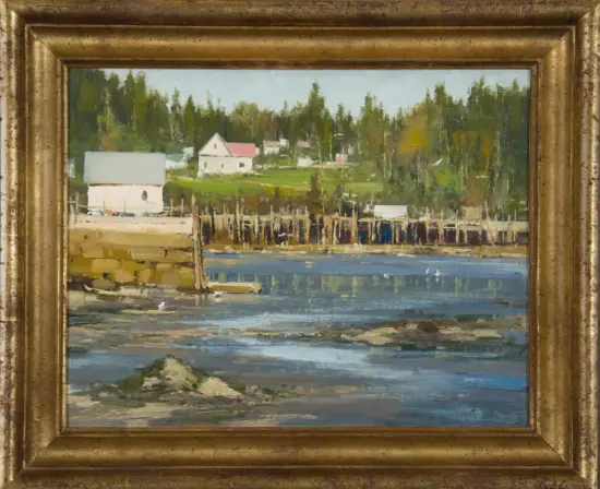 Harbor scene in a framed painting: white houses, green trees, and wooden pilings along the water edge.