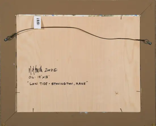 Back of a wooden art panel with a hanging wire; handwritten inscription reads 'Low Tide – Stonington, Maine' with 'V. Smith 2002' and 'Oil 14 x 18'.