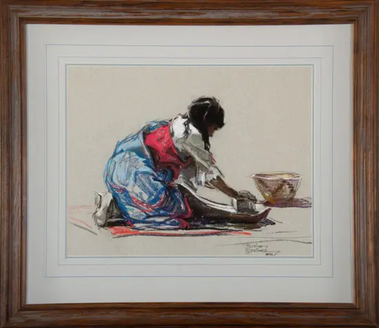 Young girl in a blue and red dress kneels to iron fabric on a mat, a bowl sits to the right.