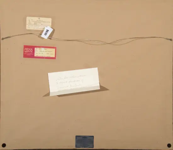Back of a framed artwork with a metal hanging wire, several labels/tags attached near the top left, and a handwritten note/card affixed diagonally across the center.
