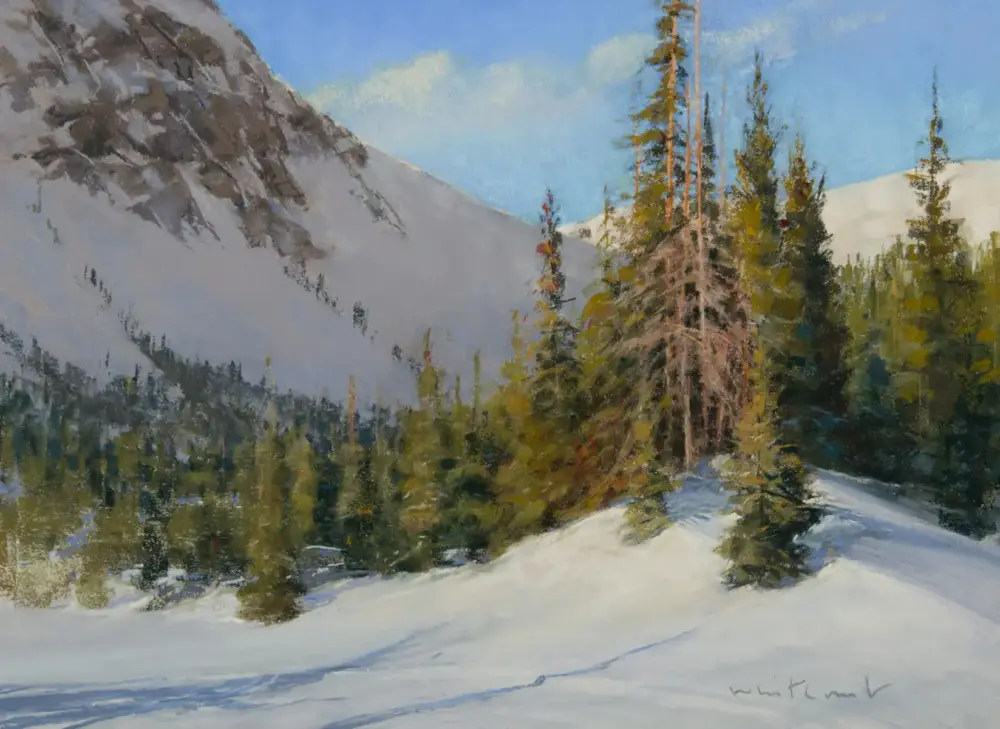 Winter landscape painting: snow-covered ground, evergreen trees, and a rocky mountain under a blue sky (impressionistic style)