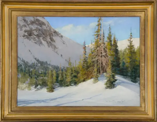 Snowy mountain valley scene with evergreen trees under a blue sky, framed in a gold frame.