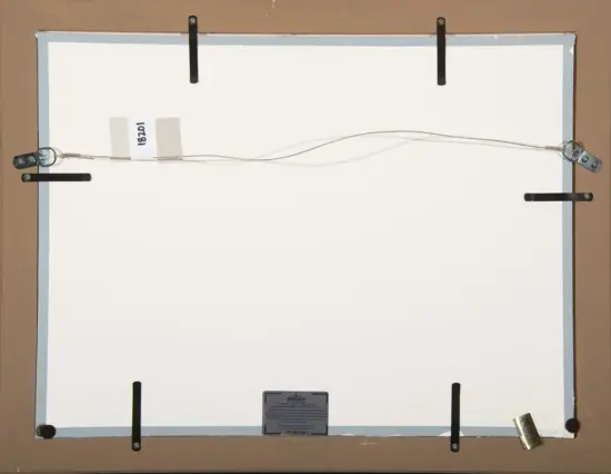 Back of a framed artwork showing hanging wire, metal hooks, and spacer clips; a small label plate is visible at the bottom center.