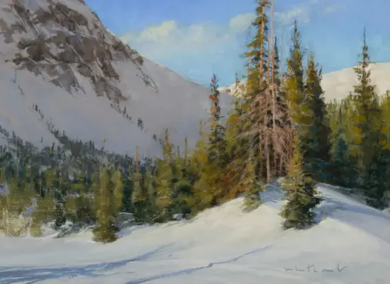 Winter landscape painting: snow-covered ground, evergreen trees, and a rocky mountain under a blue sky (impressionistic style)
