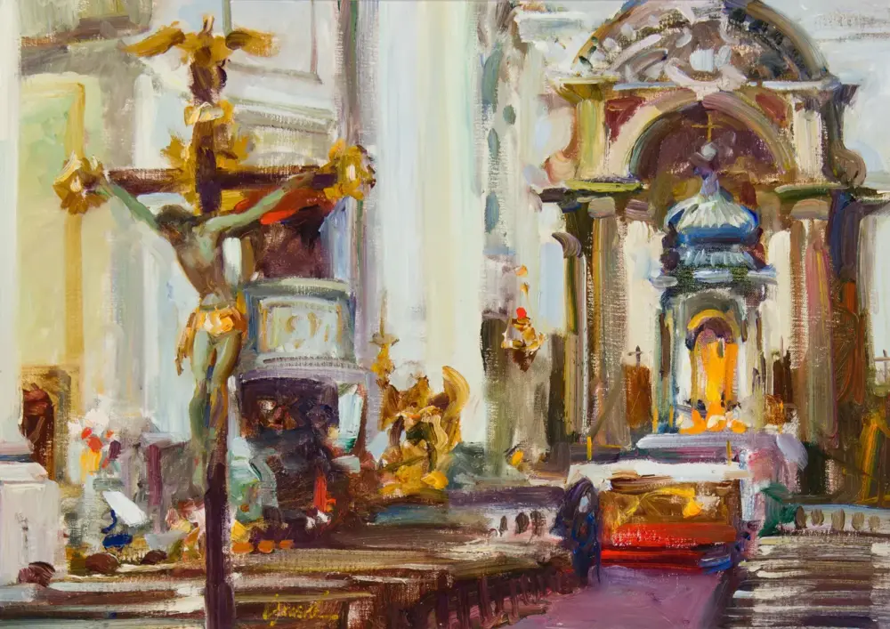 Impressionist painting of a grand church interior with ornate arches, pillars, and a glowing altar on the right.