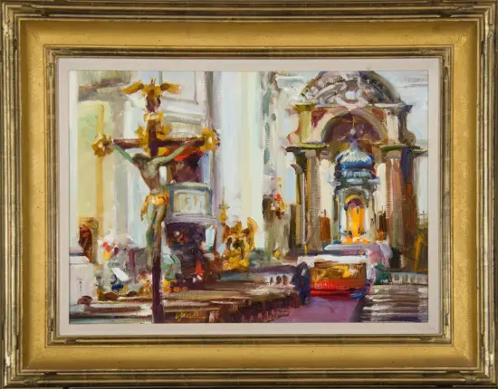 Impressionist painting of a sunlit city street with ornate arches and a red car, framed in gold.