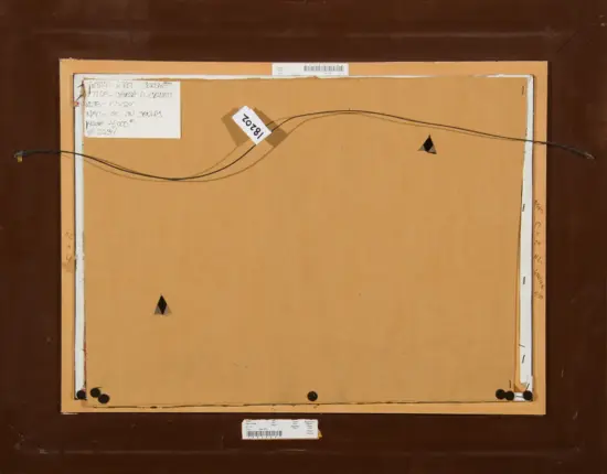 Back of a framed painting: brown frame, tan backing, hanging wire across the top, and small labels and stickers attached to the edges.