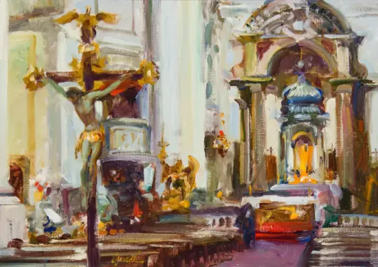 Impressionist painting of a grand church interior with ornate arches, pillars, and a glowing altar on the right.