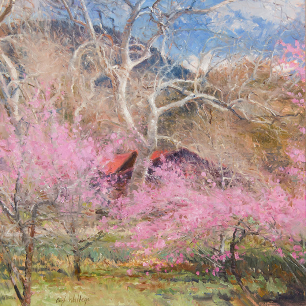 Impressionist scene of pink blossoming trees in a sunlit garden with a blue sky above.