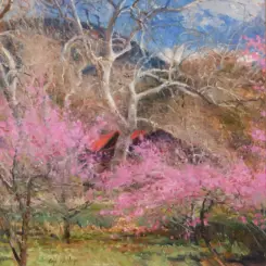 Impressionist spring scene with pink flowering trees and a red bench beneath white-trunked trees against a blue sky.