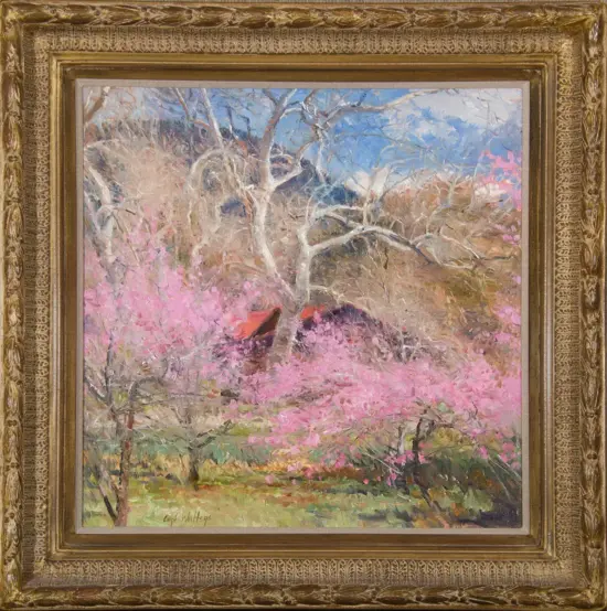 Impressionist landscape of blooming pink trees in a sunny garden with a blue sky above.
