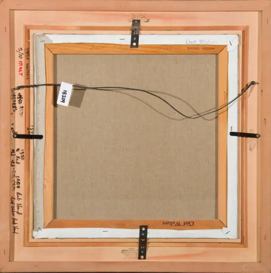 Back of a stretched canvas in a wooden frame, with hanging wire and metal brackets visible, plus handwritten notes and a small white tag marked 1809 along the frame.
