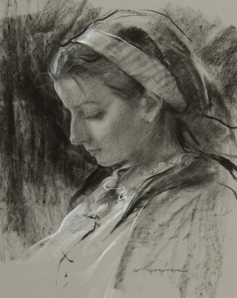 Profile portrait of a woman wearing a headscarf, looking downward in a monochrome pencil sketch.