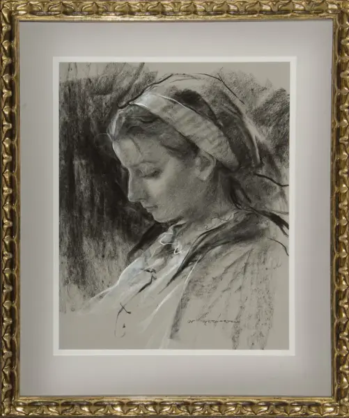 Charcoal sketch of a woman in profile with a veil, head bowed, framed as a portrait.