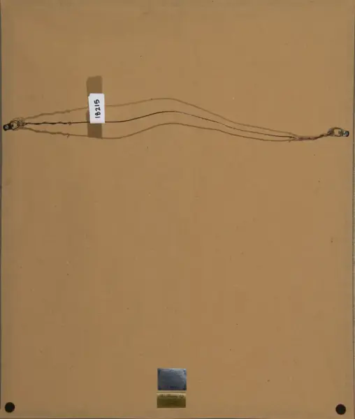 Back of a framed picture with two hanging wires and a small tag reading 18415 attached to the left side; brown cardboard backing visible.