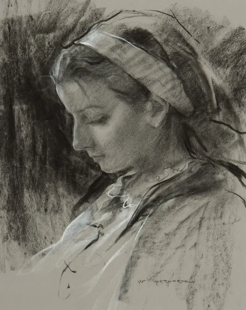 Profile portrait of a woman wearing a headscarf, looking downward in a monochrome pencil sketch.