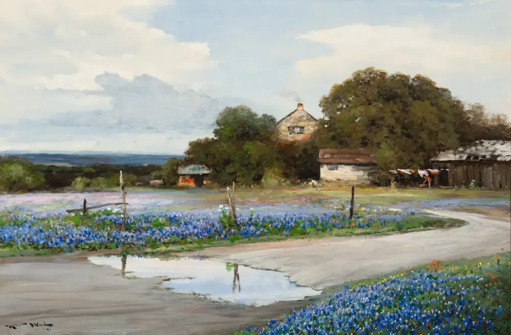 Oil painting of a rural scene with a house nestled among trees, a dirt road, and a field of blue flowers in the foreground.